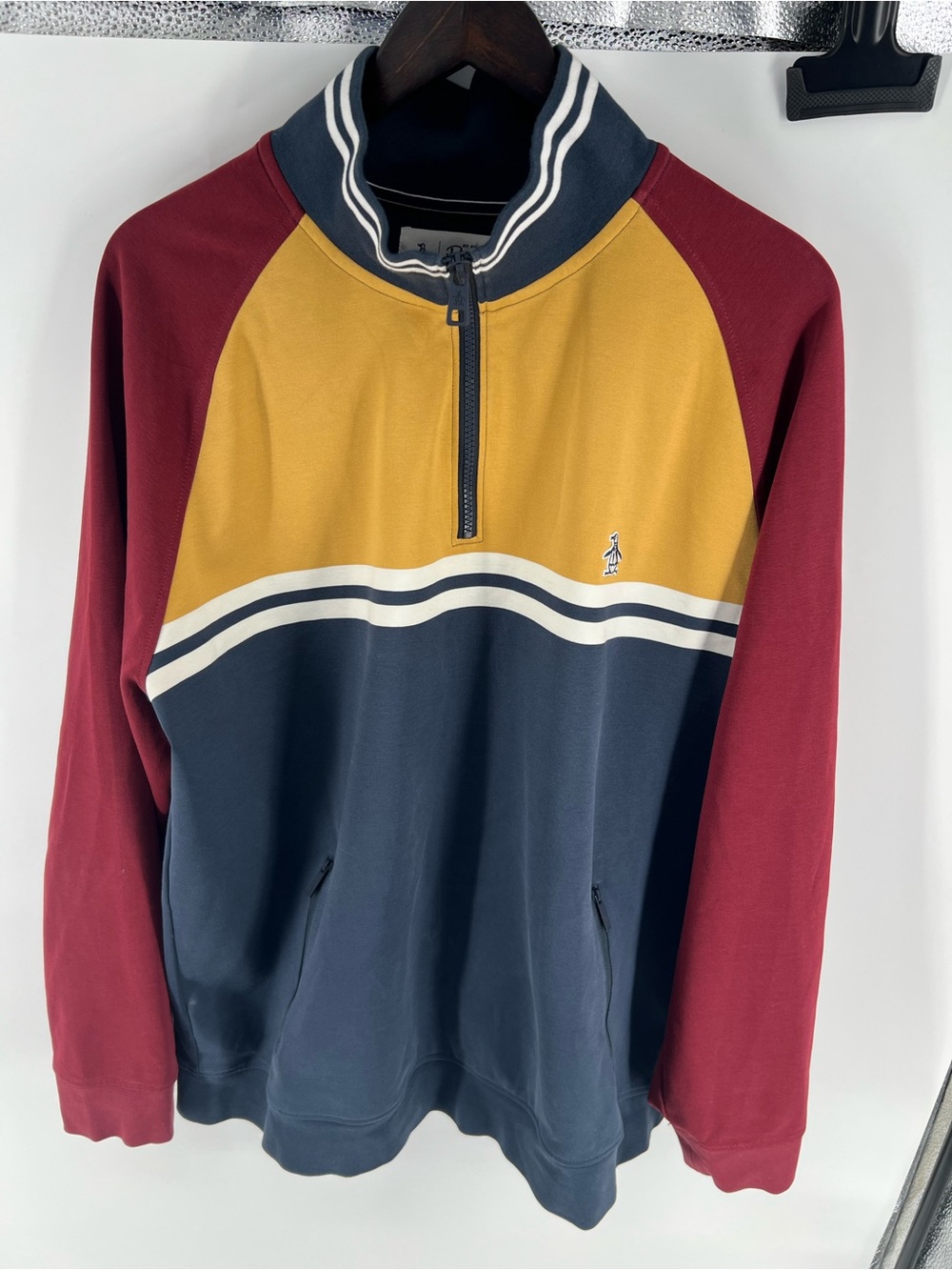 Original Penguin Men’s Maroon/Navy Colorblock 1/4 Zip Pullover, 2XL, color block